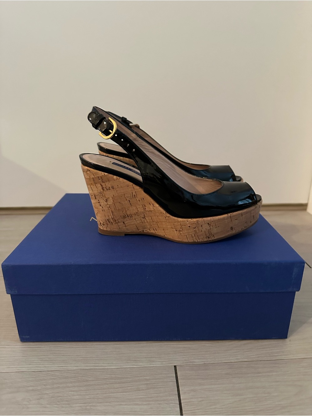 Stuart Weitzman Black Patent Cork Wedges with Slingback